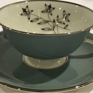 Two cups and one saucer- Lenox Kingsley pattern Teal and cream w/ platinum rims.